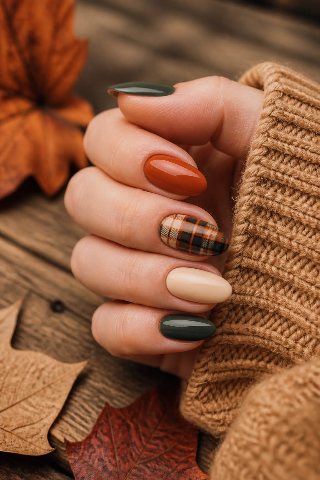 Close-up of a hand with fall-themed oval nails; colors are dark green, burnt orange, beige, and one nail has a plaid design.