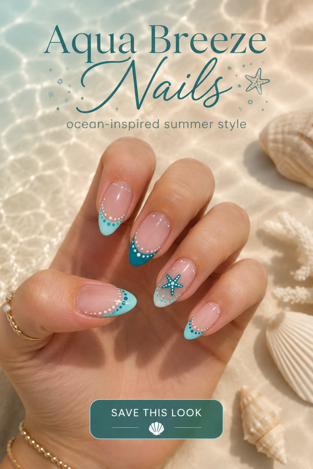 Hand with almond-shaped nails featuring blue and teal French tips with white dots, one nail has a blue starfish.
