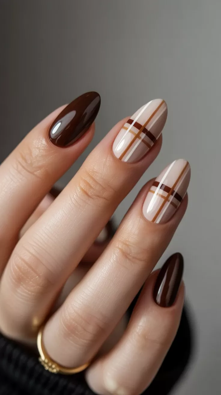 Close-up of a hand with five almond-shaped nails. Two nails are solid dark brown, and three nails feature a plaid pattern in…
