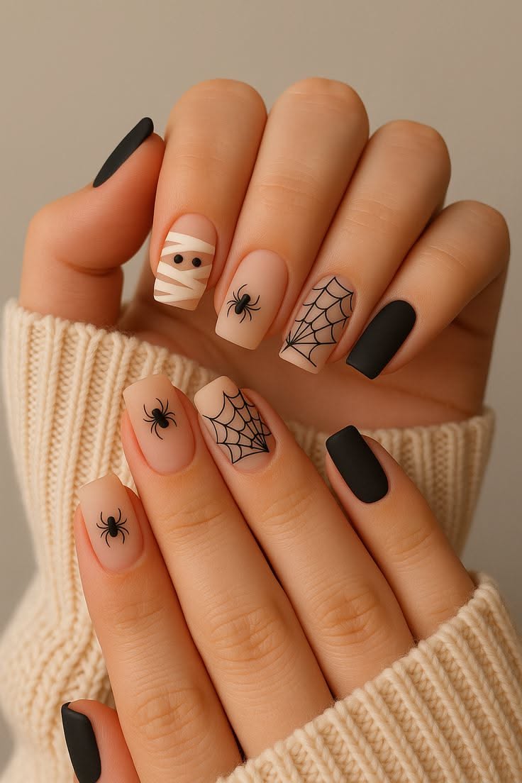 Mummy and spiderweb designs on manicured nails with a matte finish