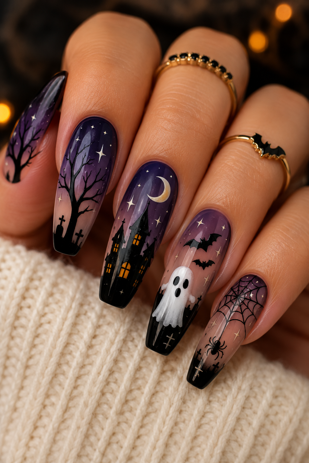 Close-up of a hand with long, coffin-shaped nails painted with a purple and orange gradient, featuring Halloween scenes like…