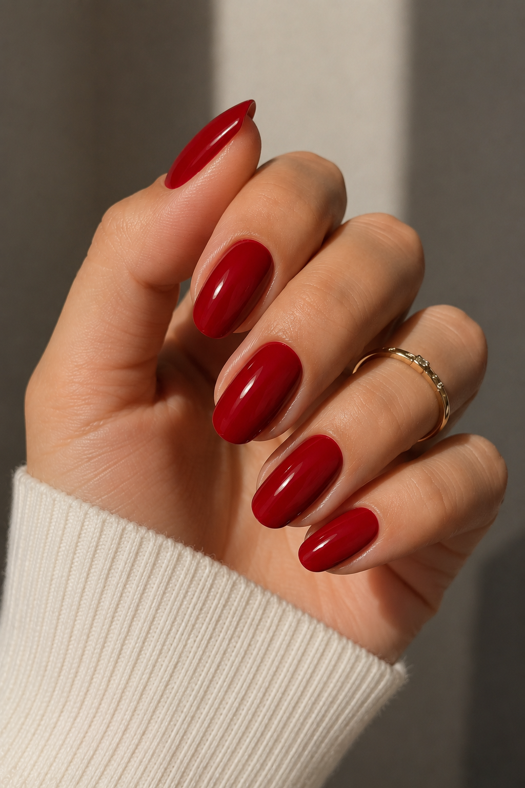 Hand with glossy dark red oval nails and a gold ring on one finger, wearing a white sweater.