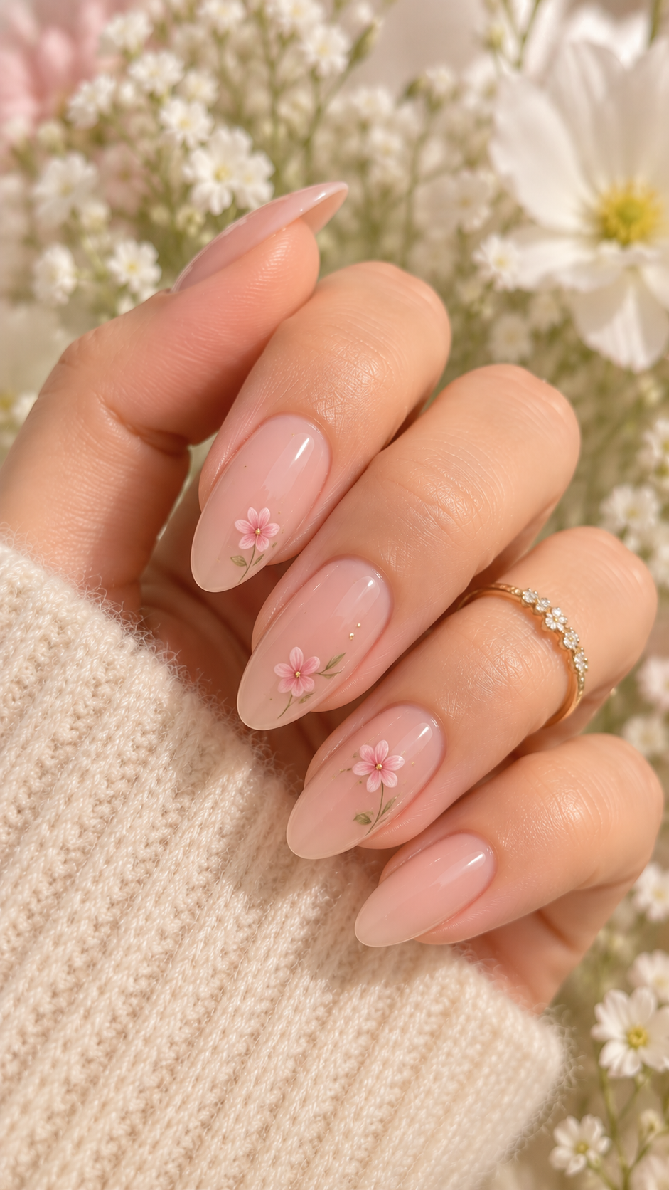 Hand with almond-shaped nails, some with small pink flower designs, against a background of white flowers.