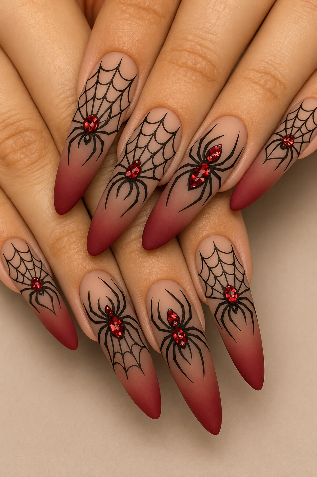 Close up of long, almond-shaped nails with an ombre design fading from nude to deep red.
