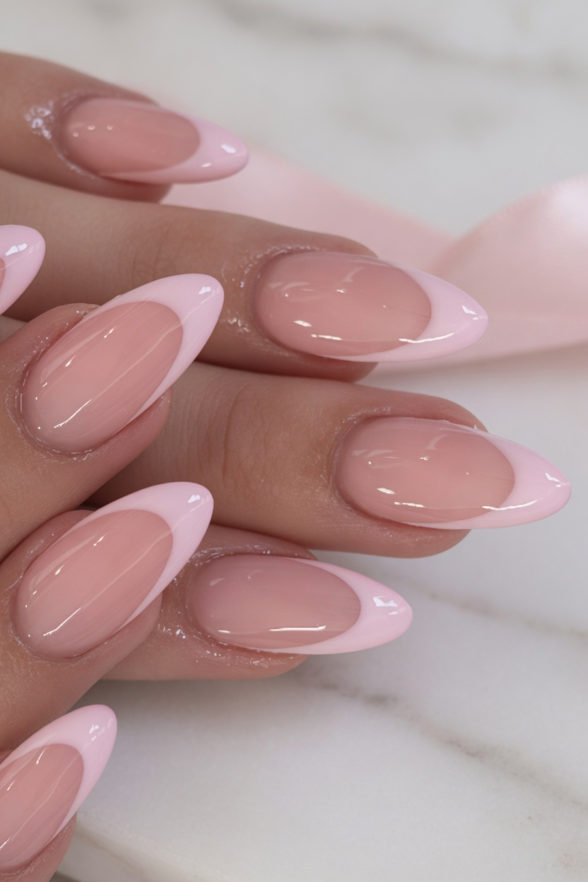 Close up of manicured almond-shaped nails with clear base and light pink French tips.