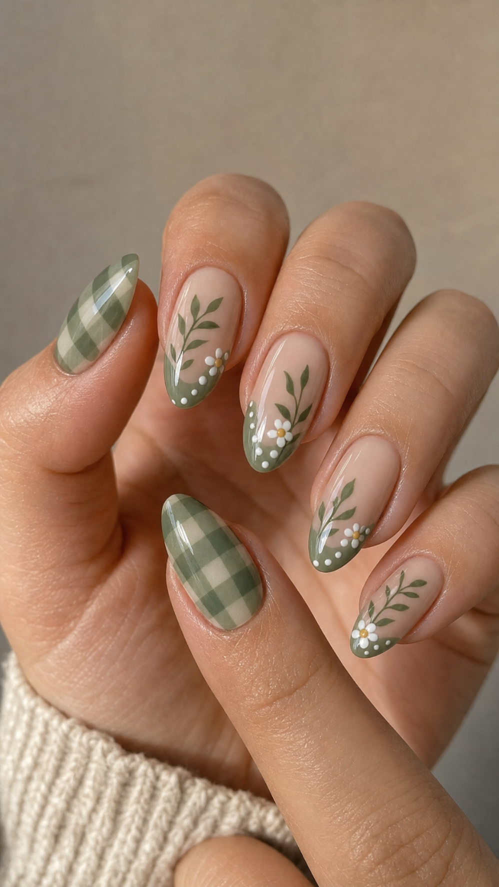 Close-up of a hand with almond-shaped nails, featuring a green and cream plaid pattern on two nails and green French tips…