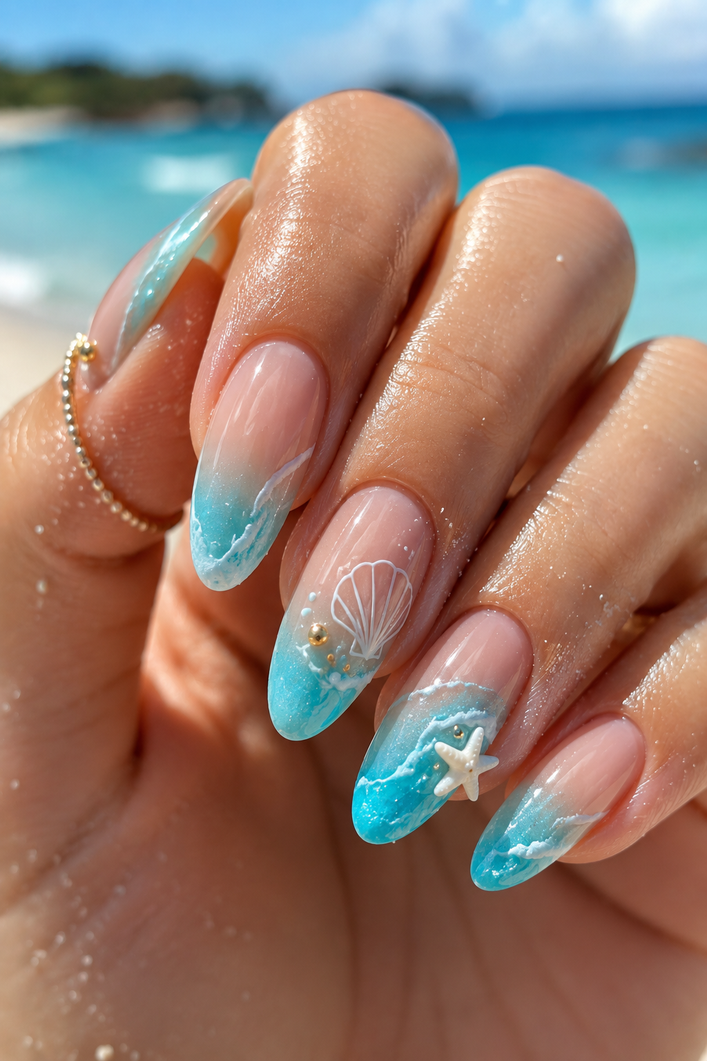 Close up of a hand with long, oval-shaped nails featuring blue and white ombre designs with shell and starfish accents.