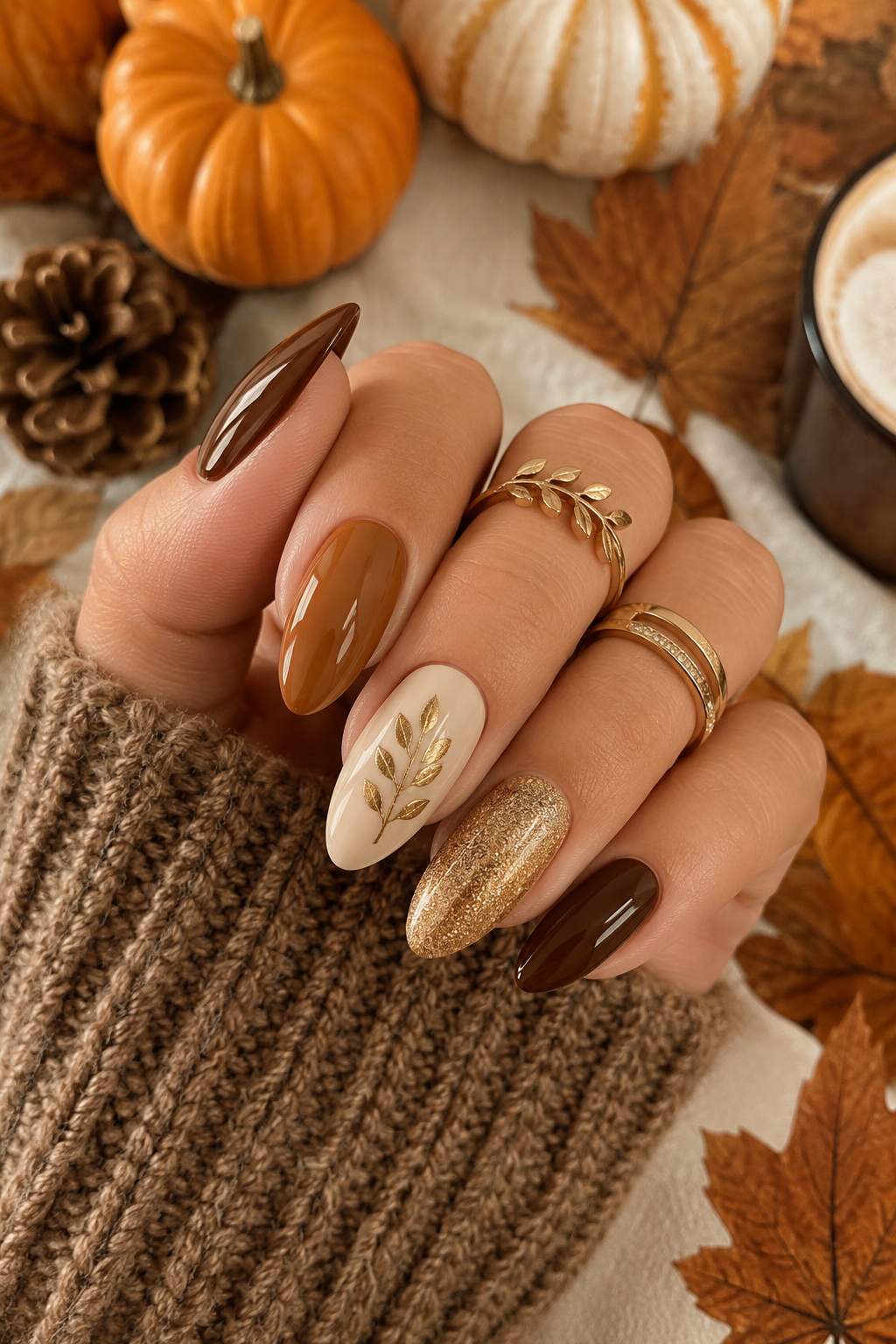 An almond-shaped manicure featuring nails painted in shades of brown, tan, and gold glitter, with a gold leaf accent on one…