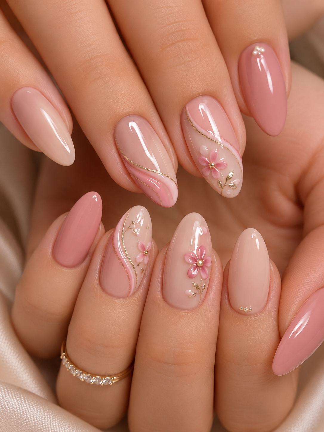 Close-up of a person's manicured hands, showing almond-shaped nails with blush pink polish and floral designs.