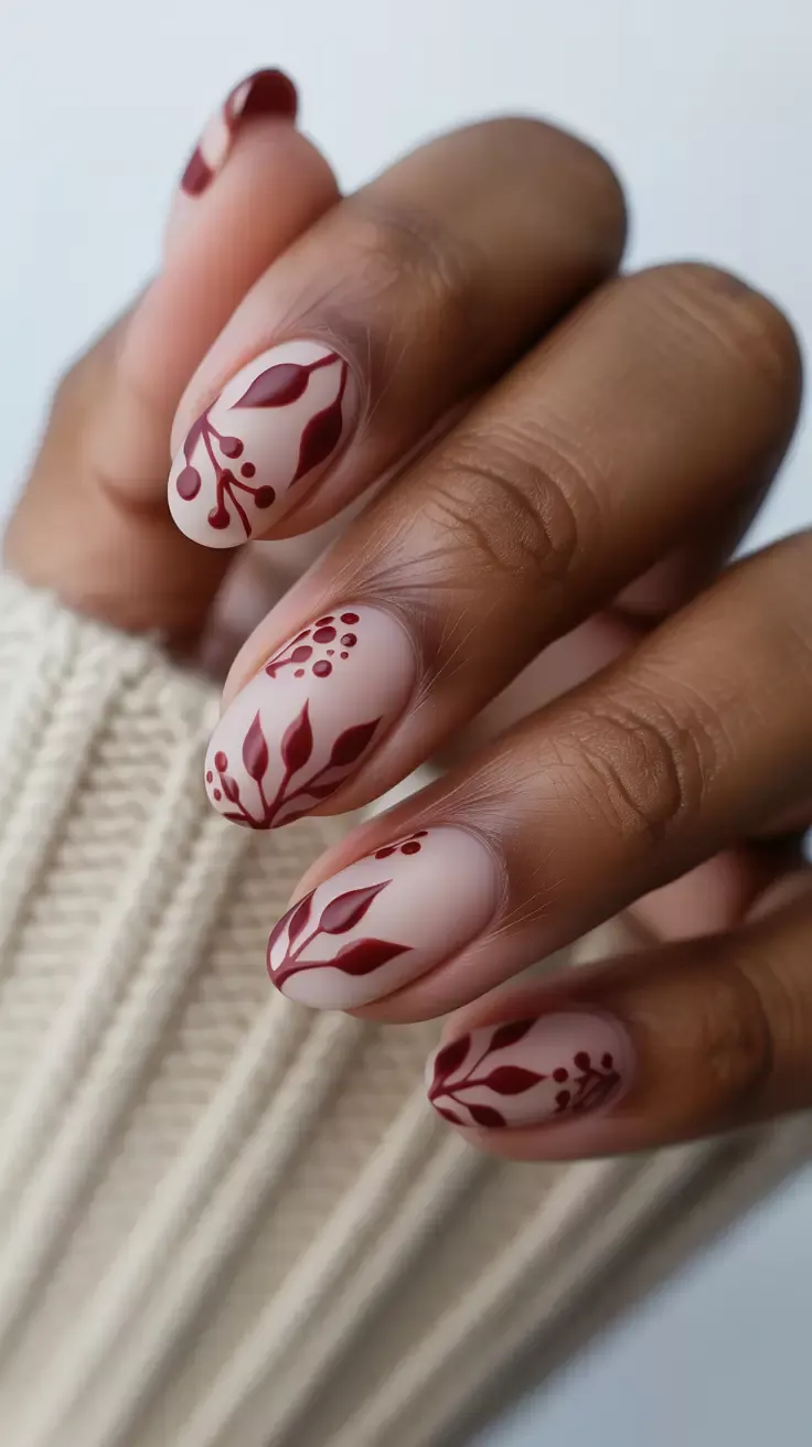 Close-up of a hand with oval-shaped nails featuring a matte off-white base and deep red botanical designs.