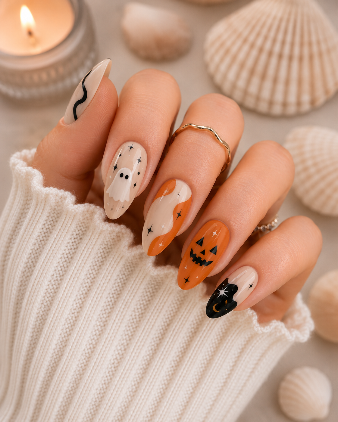 Close-up of a hand with almond-shaped nails, each painted with a different Halloween-themed design like a ghost, pumpkin, or…