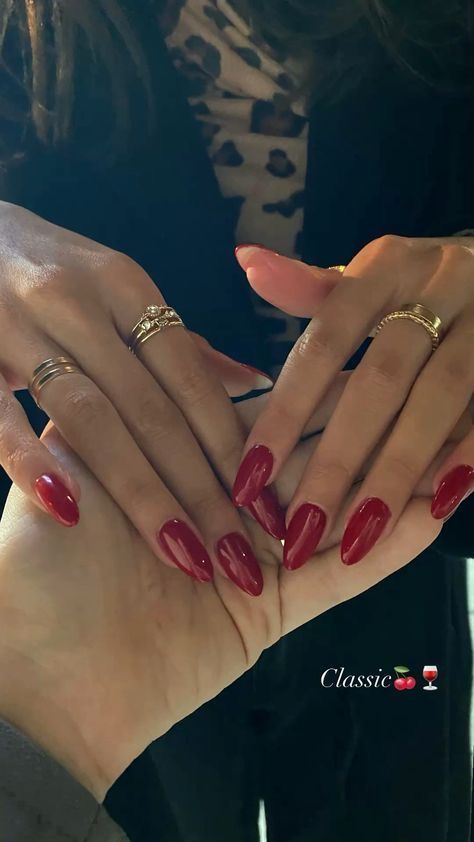 Close-up of a person's hands with long, red stiletto nails and several gold rings.