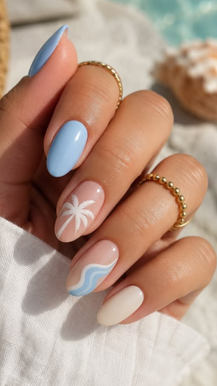 Close-up of manicured hand with various summer-themed nail art designs.