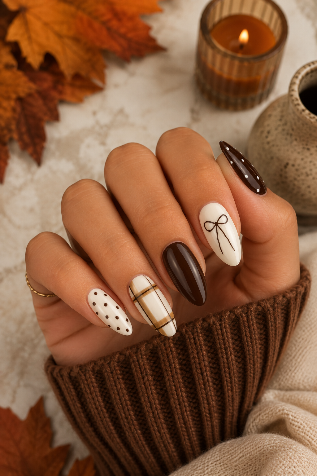 Close-up of a hand with almond-shaped nails in brown and cream, featuring polka dots, plaid, and a bow design.