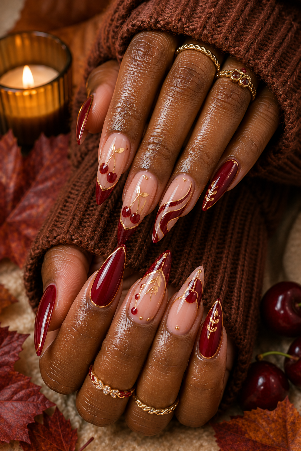 Manicured hands with long, pointed nails featuring red tips and gold cherry designs, surrounded by fall leaves.