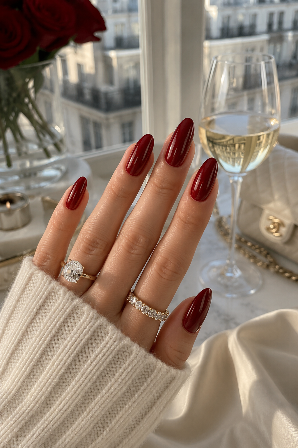 A hand with long, glossy cherry red nails, wearing a gold ring with a large oval diamond and a gold eternity band, rests on…