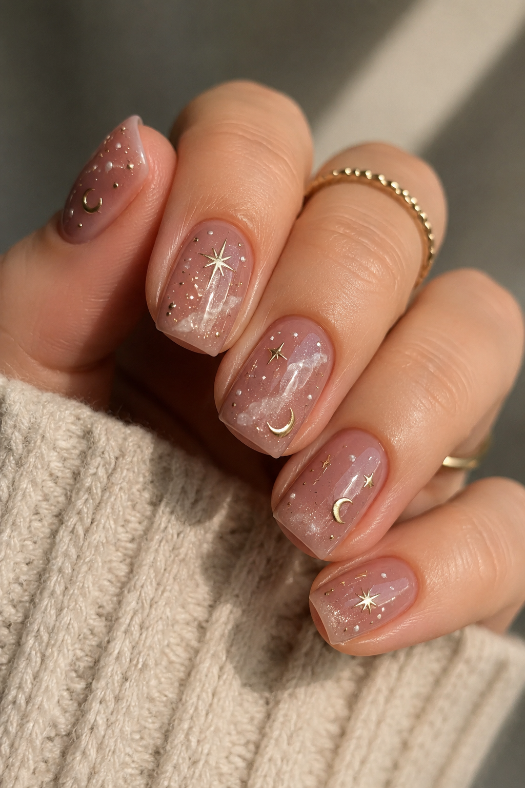 Close-up of a hand with short, nude-pink nails adorned with tiny gold moons, stars, and glitter, resting on a beige knit…