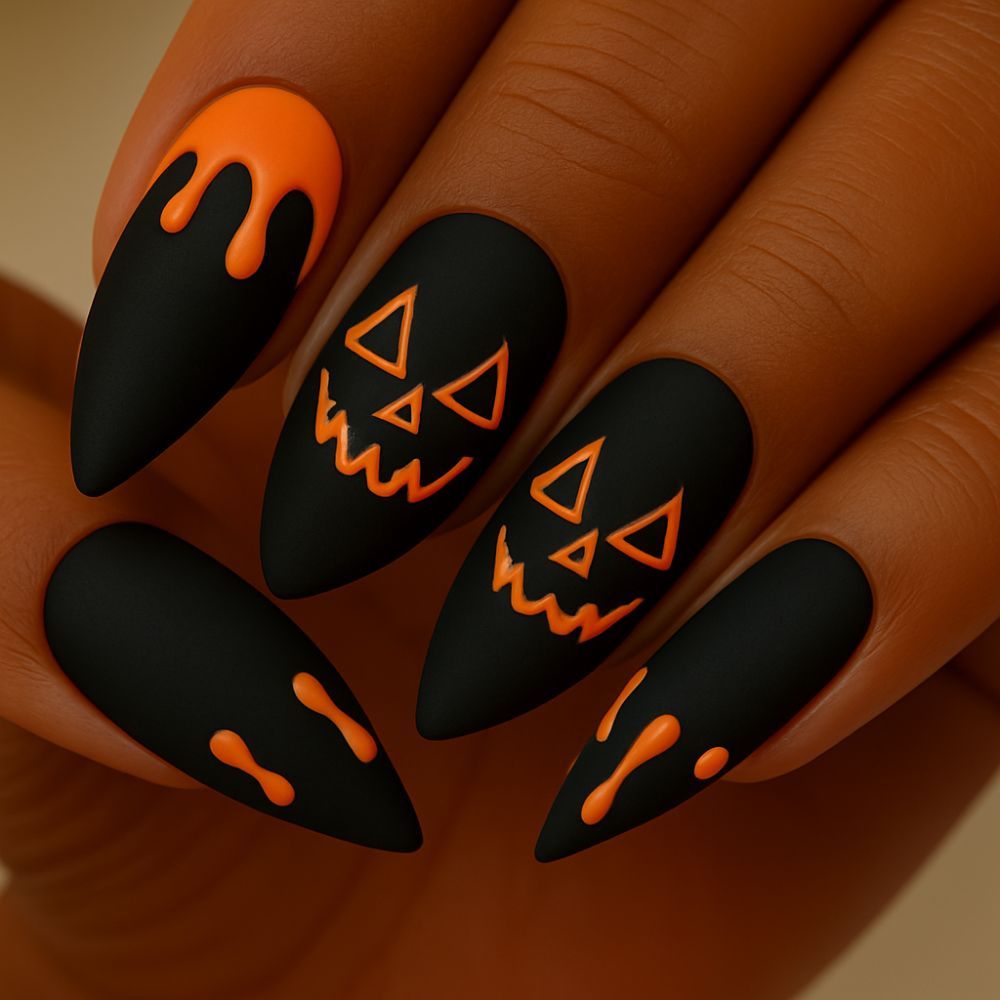 Close-up of five matte black nails with orange jack-o'-lantern faces and dripping designs