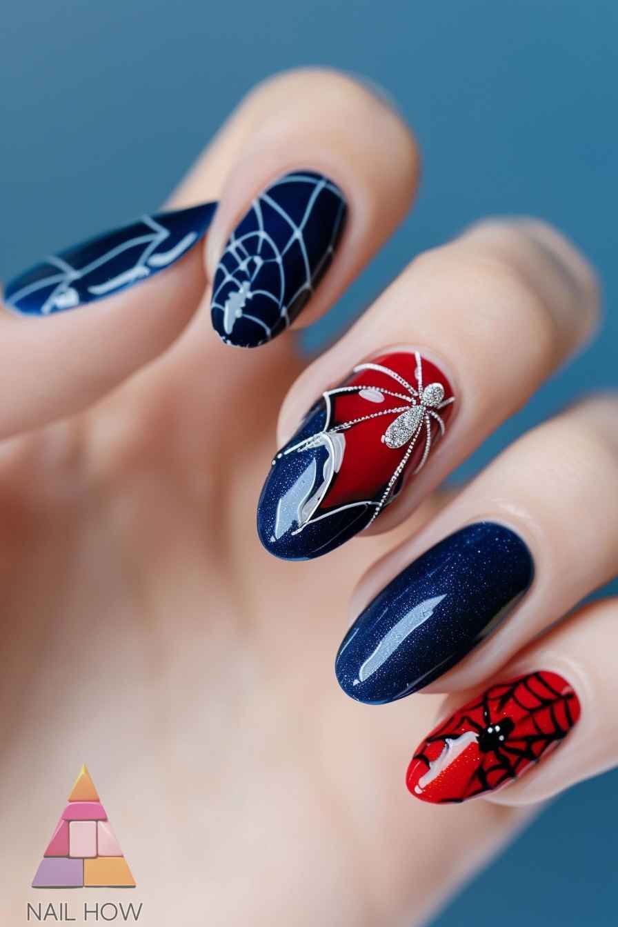 Close up of manicured nails with dark blue and red polish, featuring spider web and spider designs.