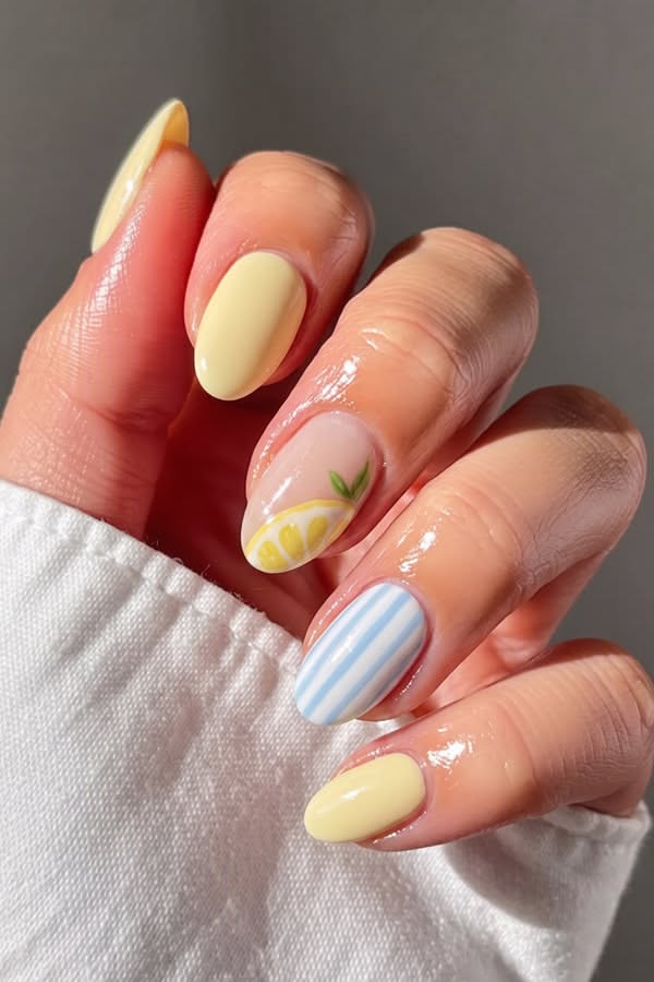 Hand with oval nails, some pale yellow, one with blue and white stripes, and one with a lemon slice design.