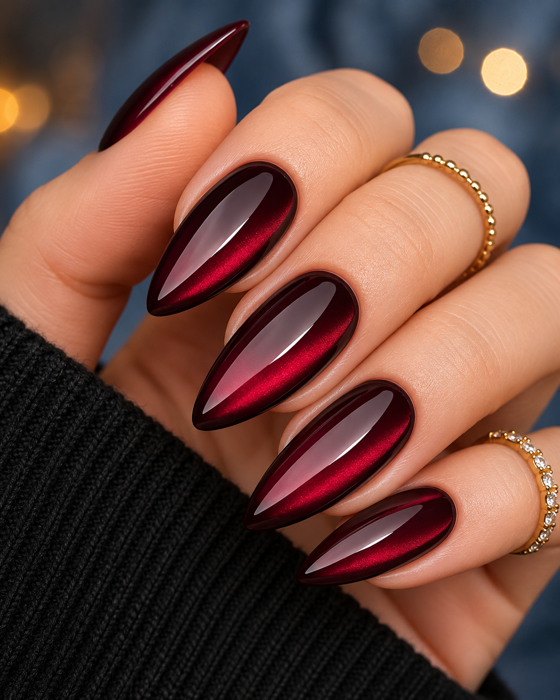 Hand with almond-shaped nails in a deep red cat-eye polish, showing a shimmering stripe down the center of each nail.