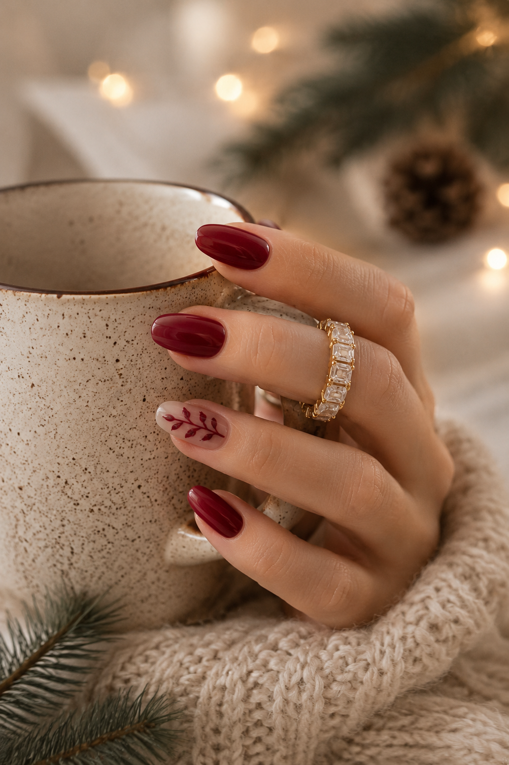 Hand holding a mug, showing deep red nails with one accent nail featuring a reddish leaf pattern.
