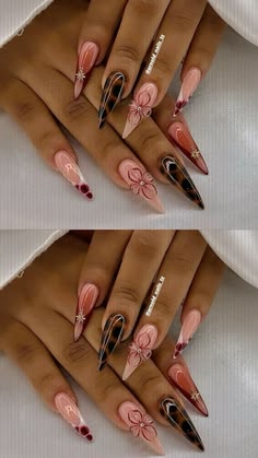 Pointed stiletto nails in a back-to-school-inspired manicure.