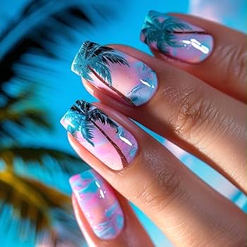 Medium square press-on nails in pink and blue gradient with palm tree designs